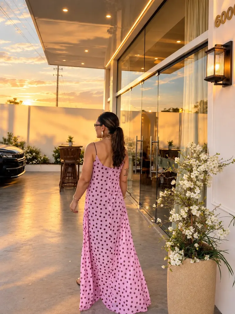 Vestido Longo de Tule Rosa com Poá